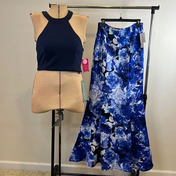 NWT My Michelle 2-Piece Halter Mermaid Blue Floral Formal Prom Dress - Size 11 - Picture 2 of 16